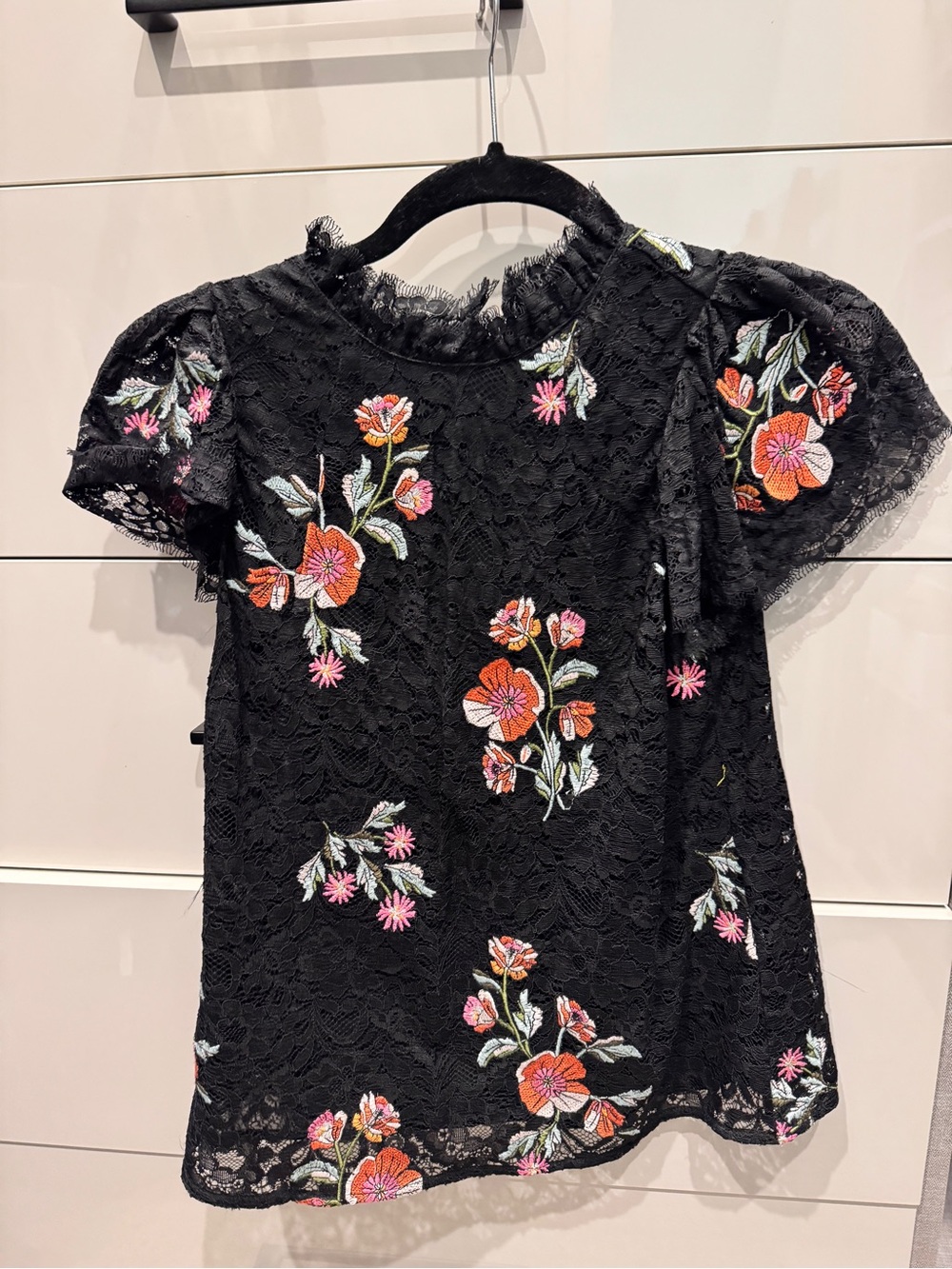 Rebecca Taylor Black Lace Top with Pink & Green Floral Embroidery